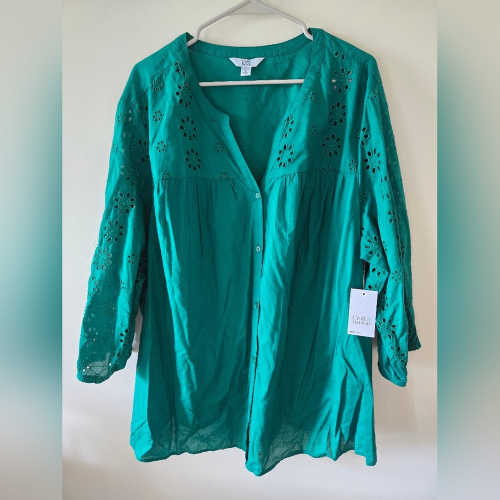 NWT CROFT AND BARROW EMERALD GREEN COTTON EYELET PLUS SIZE BUTTON UP BLOUSE